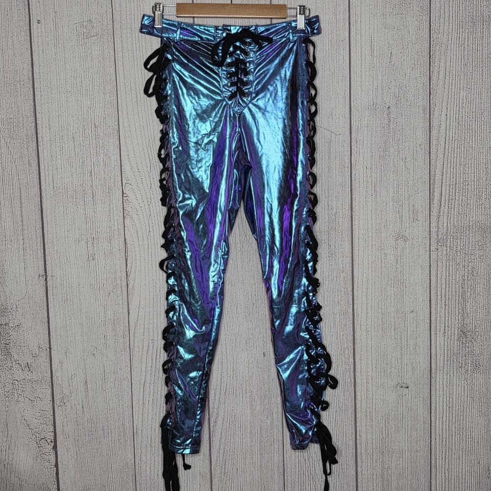 Club Exx Aqua Rowdy Room Lace-Up Pants M Holographic Rave Festival Club
